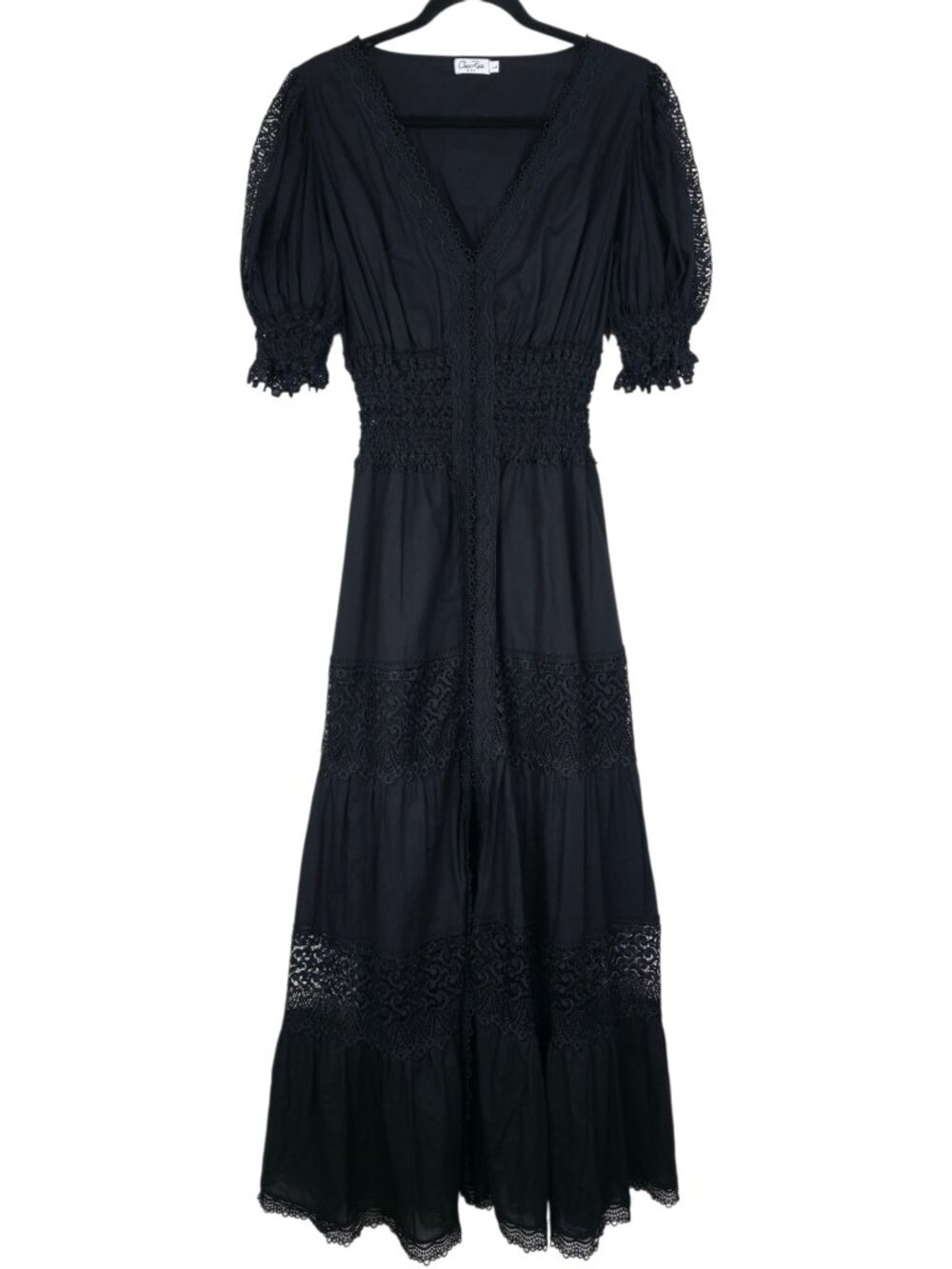 Charo Ruiz Clemence Dress Black V Neck Long Eyelet Puff Sleeve Maxi Size L - Picture 3 of 11